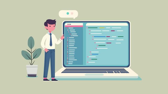 A flat design Animation showcasing a Young Mentor Explaining Coding lesson of  laptop screen . learning  code and programming  education. 