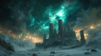 Fantasy castle on snowy mountain under vibrant nebula.