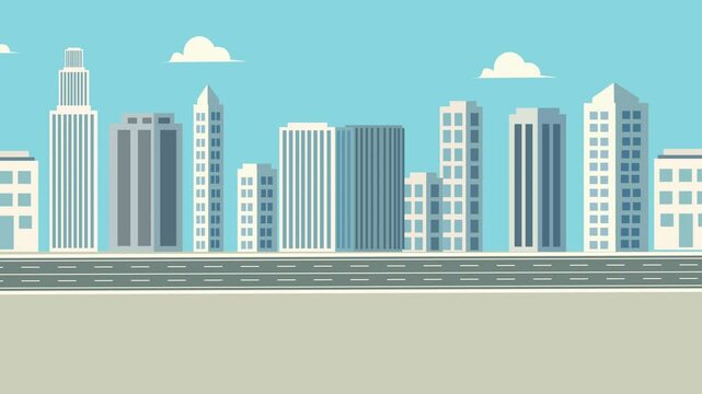 Cityscape High Building with empty Street in city background. Walking or Driving in a clean City Flat design animation