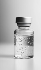 Clear glass vial with liquid and air bubbles.