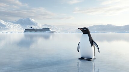 Obraz premium A fluffy penguin stands on a stone edge while a large cruise ship rests in the calm blue water, surrounded by magnificent snowy mountains
