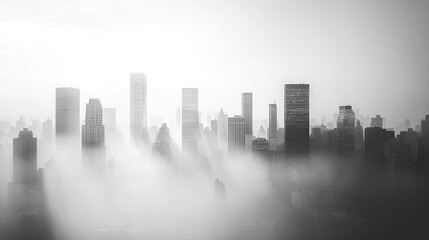 A monochrome depiction of a skyline with a misty atmosphere