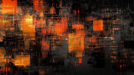 Abstract digital painting, dark orange and black geometric shapes.