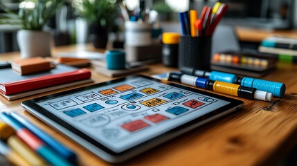 Fototapeta premium Tablet Displaying Website Design Sketch On Wooden Desk