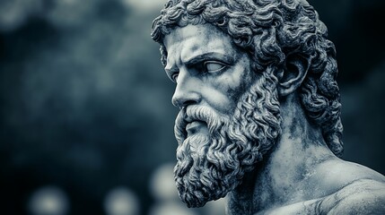 Obraz premium Close-up of a weathered stone statue head, depicting a powerful, bearded man with intense expression.