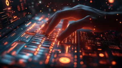 Cybersecurity Analyst Typing with Holographic Data