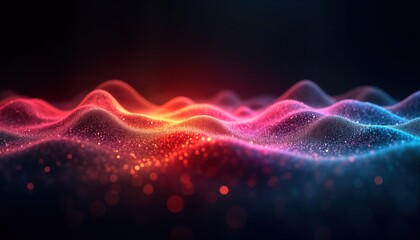 Colorful digital sound wave visualization. Abstract design with vibrant colors on dark background. Dynamic, colorful motion graphic. Waveform illustrates frequencies, data flow. Great for tech