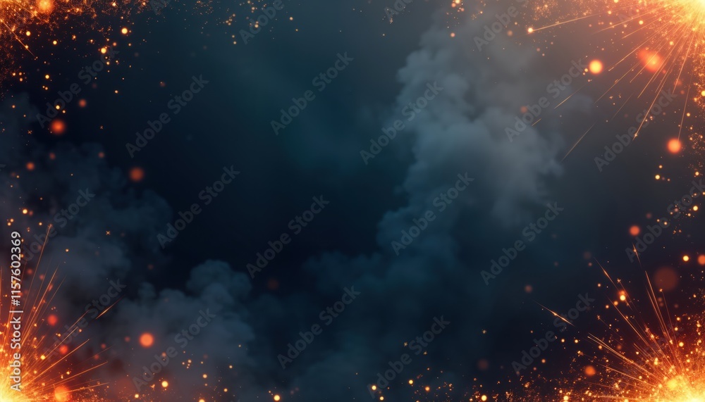 Poster blank banner design with dynamic sparks background. fiery orange, gold sparks create energetic abstr