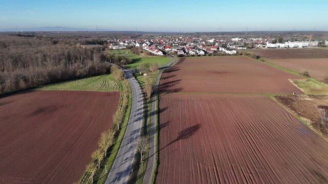 Aerial view approaching the municipality Messel, Hesse, Germany.