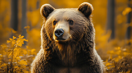 Fototapeta premium Close-up portrait of a majestic brown bear in an autumnal forest.