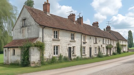 Row of Aged Stone Cottages Under a Blue Sky