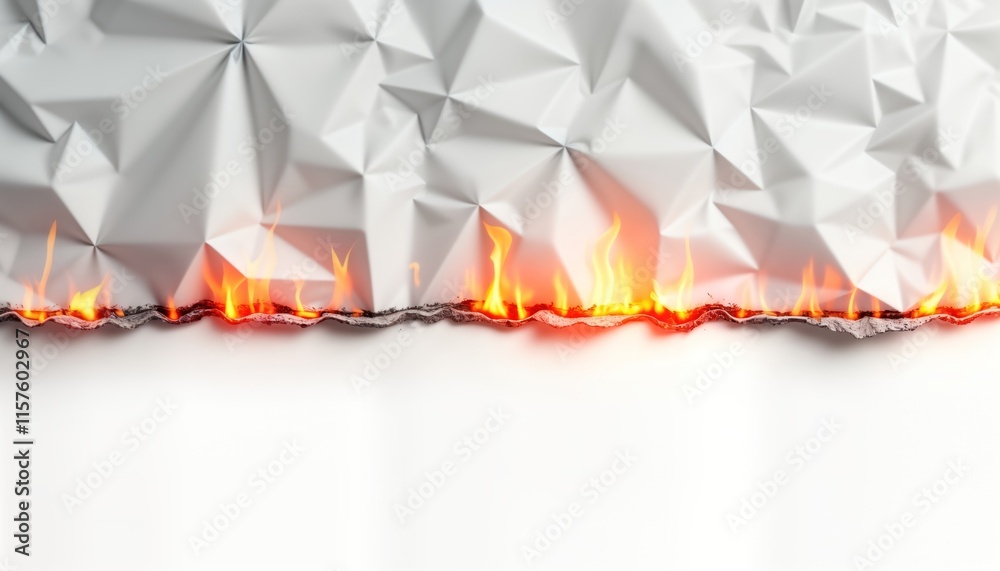 Poster Burning paper edge on textured white background. Flames rise from charred paper. Abstract design with geometric patterns on top. Creative image ideal for poster creative concept. Suggests destruction
