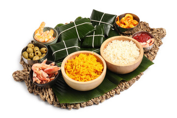 Cut banana leaves with different food isolated on white. Healthy eco serving