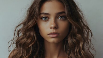 Fototapeta premium Portrait of young woman with wavy hair and natural skin, beautiful model