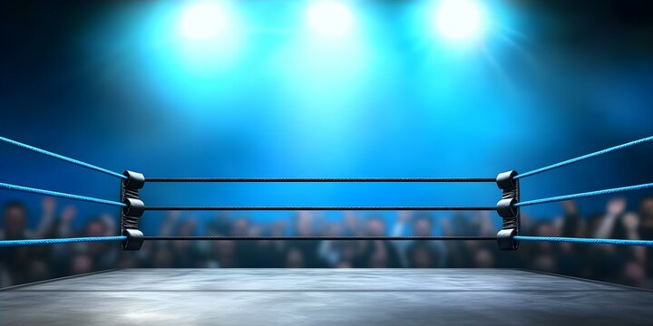 A wrestling ring with blue ropes under bright stage lights, surrounded by an audience. Concept Wrestling Ring Setup, Bright Stage Lighting, Enthusiastic Audience, Blue Rope Details