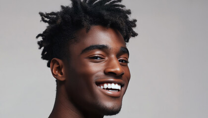 Obraz premium Confident male model showcasing grooming foam, gentle smile and natural lighting, minimalist studio setting