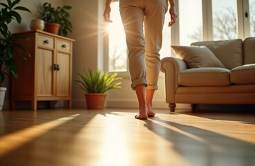 Barefoot person walks in sunlit living room. Morning light streams through window. Warmth, coziness in interior. Relaxed, peaceful ambiance. Natural light creates shadows on wooden floor. Person