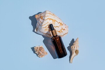 Elegant skincare display with seashells on pastel backdrop