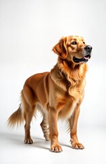 Golden retriever dog stands in studio. Animal looking upward. Dog happy expression. Image on transparent background with shadow. Image closeup portrait. Animal healthy, adorable. Pet well-groomed.