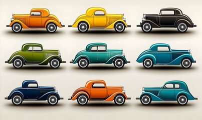 Naklejka premium Retro luxury car icons, elegant designs showcasing classic automotive aesthetics, vibrant colors, intricate details, nostalgic charm and style.