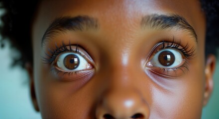 Close-up photo of young African person looking surprised at camera. Expression amazed, full of wonder. Person wide eyes, slightly open mouth. Studio shot displays strong emotion, focus on facial