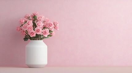 Naklejka premium Valentine's Day Pink Roses in White Vase Pastel Pink Background Floral Still Life