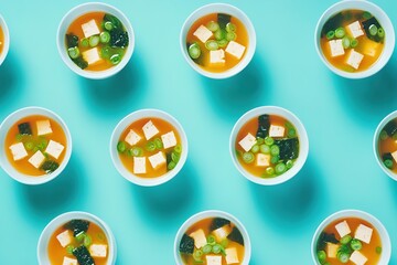 Colorful bowls of soup arranged neatly, showcasing fresh ingredi