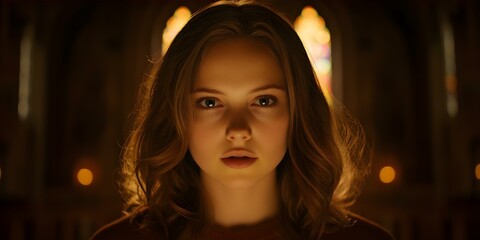 A young woman with medium-length hair is staring directly at the viewer, illuminated by soft lighting, set against a dark, ornate background. Concept Intimate Portrait, Soft Lighting