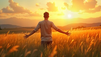 Fototapeta premium Man stands in golden meadow enjoying sunset. Feels free, successful. Happily embracing nature. Rural landscape at summertime. Peaceful scene. Man focused on horizon. Calm, relaxed. Inspiring.