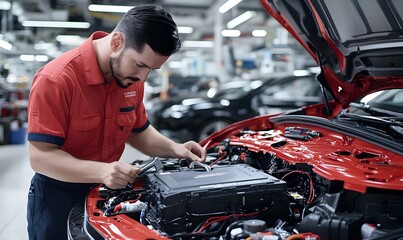 Car battery installation, a skilled technician carefully connects a new battery, ensuring secure fittings and optimal vehicle performance.
