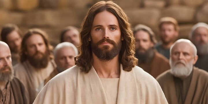 A man with long hair and a beard stands prominent among a group of people, conveying a sense of leadership or significance. Concept Leadership Presence, Distinctive Appearance, Group Dynamics