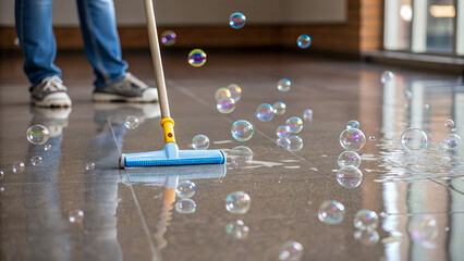 Cleaning bubbles on floor indoor space action shot bright environment close-up view sparkling concept