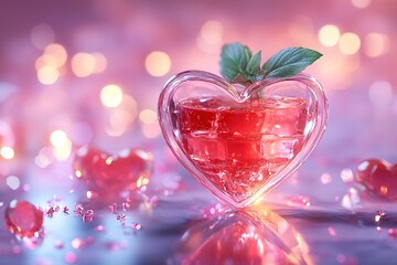 Fototapeta premium Heart-shaped glass filled with pink liquid and mint leaves, spar