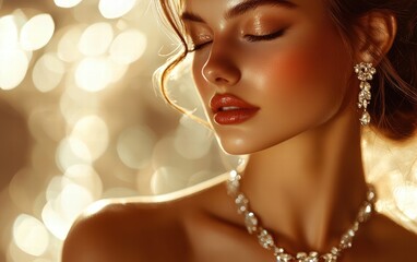 A glamorous portrait of a woman wearing elegant jewelry, her skin glowing under soft diffused lighting, with a smooth background blur