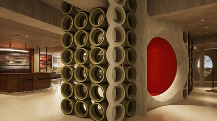 Modern restaurant interior with unique cylindrical decor and red accents