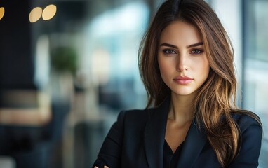 Obraz premium A stylish headshot of a woman in a corporate setting, her expression poised and focused, with a blurred view of an elegant office behind her