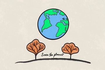 Save the planet illustration of earth with trees and message