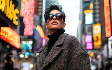 Obraz premium A trendy portrait of a woman in an oversized coat and sunglasses, posing confidently on a city street with blurred neon signs