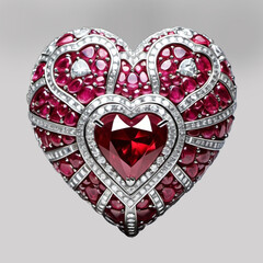 A heart-shaped silver pendant is decorated with red and white stones.


