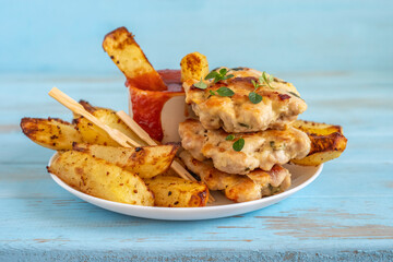 Oven baked potato, chicken schnitzels served with fresh thyme and tomato sauce on ceramic plate over blue wooden background.