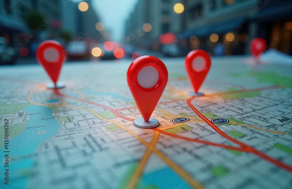 Aufkleber map with multiple red location pins. city map shows routes, destinations. gps technology, route plan