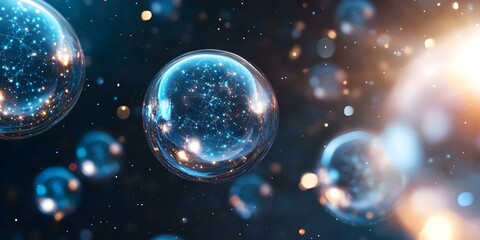 A scene depicting luminous, translucent bubbles filled with stars and cosmic elements, set against a dark, shimmering background. Concept Luminous Bubbles, Cosmic Elements