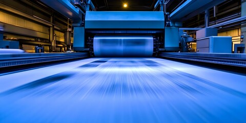 A printing press in a factory, featuring machinery and a moving paper roll, illuminated with blue lighting. Concept Industrial Printing Press, Machinery in Action, Moving Paper Roll