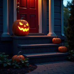Obraz premium Glowing pumpkin on dark porch steps leading down into darkness, dark, spooky