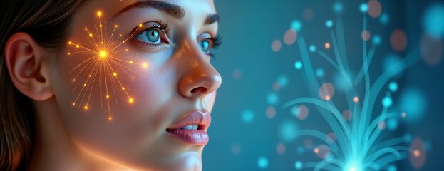 Beautiful woman with clear skin showing future tech beauty treatment. Woman face with glowing lines, futuristic glowing particles. Advanced tech skin care, beauty. Face tracking tech. Modern beauty