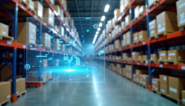 Augmented reality tech for warehouse management. Smart system shows package locations. Future logistics concept. Warehouse with shelves full of packages. Digital overlay on tablet screen. AI - Powered by Adobe