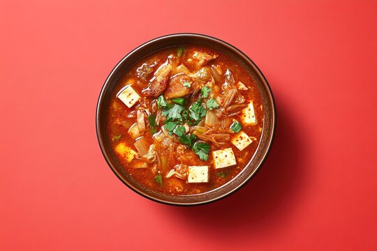 Vibrant bowl of spicy stew featuring tofu, herbs, and tender mea