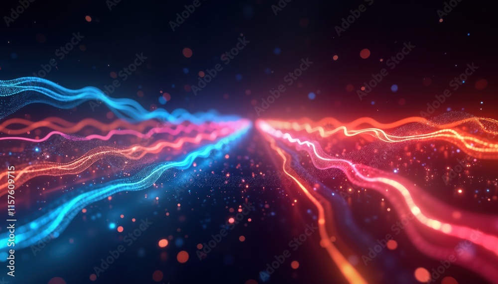 Poster Abstract glowing lines create dynamic visual representation of high-speed data transmission. Optical fiber technology powers fast data transfer in today digital age. Colorful lines evoke digital