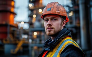 Engineer portrait with a focused expression, wearing a safety helmet, against a blurred industrial worksite background