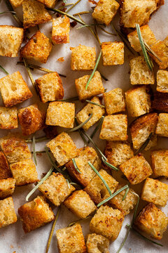 Golden Crispy Croutons with Fresh Rosemary Close-Up